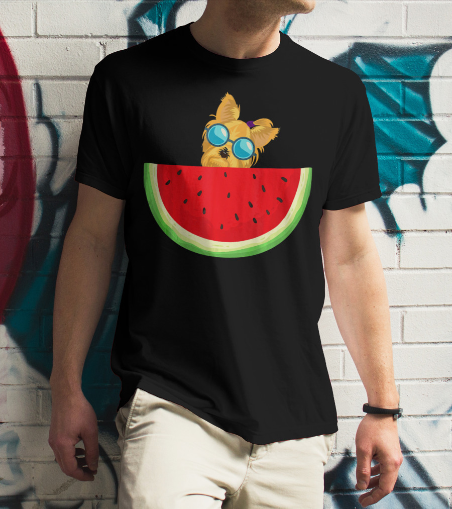 Yorkie Dog With Sunglasses And Watermelon Slice T-Shirt