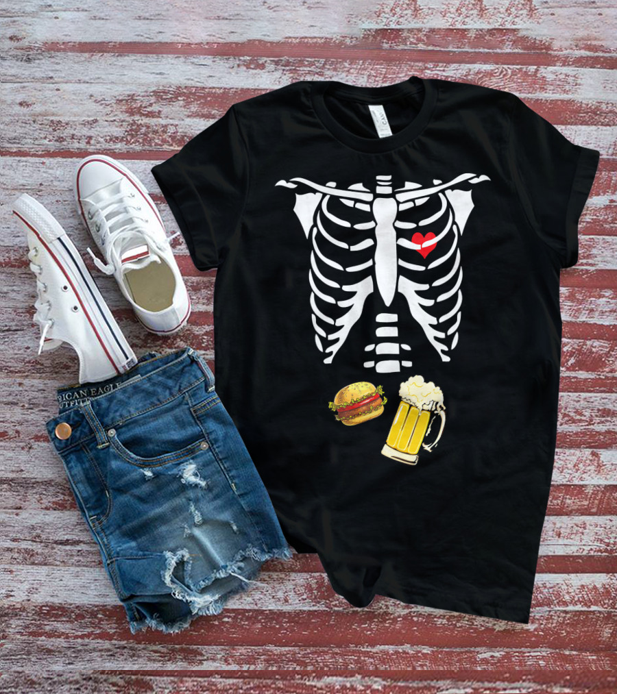 Beer Hamburger Skeleton Ribcage Heart T-Shirt