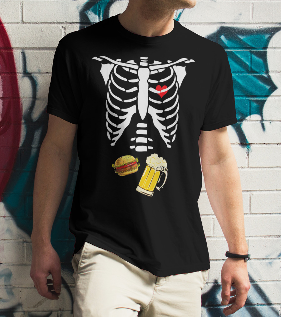 Beer Hamburger Skeleton Ribcage Heart T-Shirt