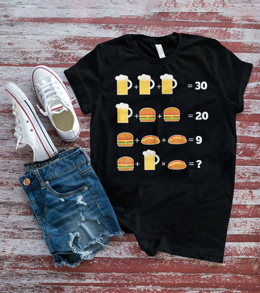 Beer And Hamburger Hot Dog Math Puzzle Equation T-Shirt
