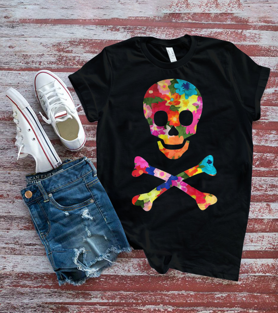 Flower Skull And Crossbones Funky Pirate Multicolor Floral T-Shirt