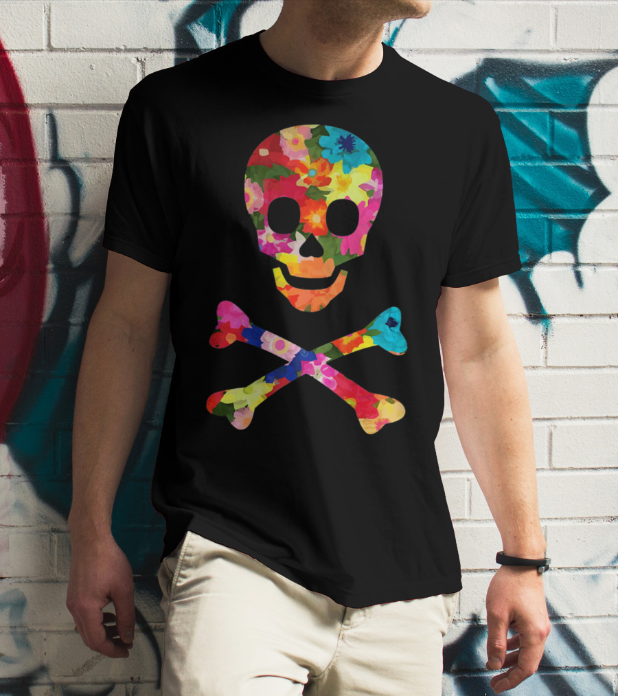 Flower Skull And Crossbones Funky Pirate Multicolor Floral T-Shirt
