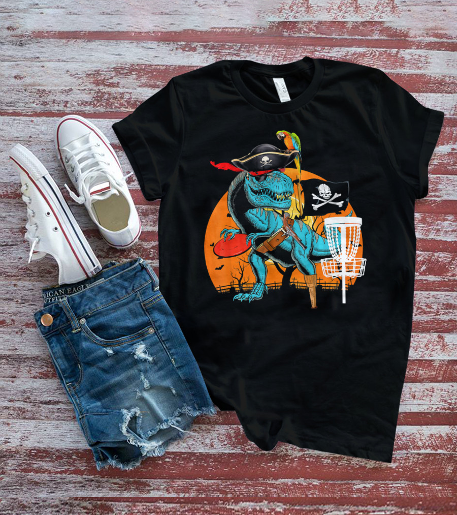 Jolly Roger Pirate Dinosaur Disc Golf Adventure T-Shirt