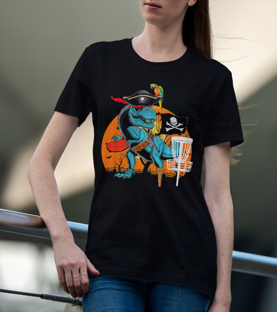 Jolly Roger Pirate Dinosaur Disc Golf Adventure T-Shirt