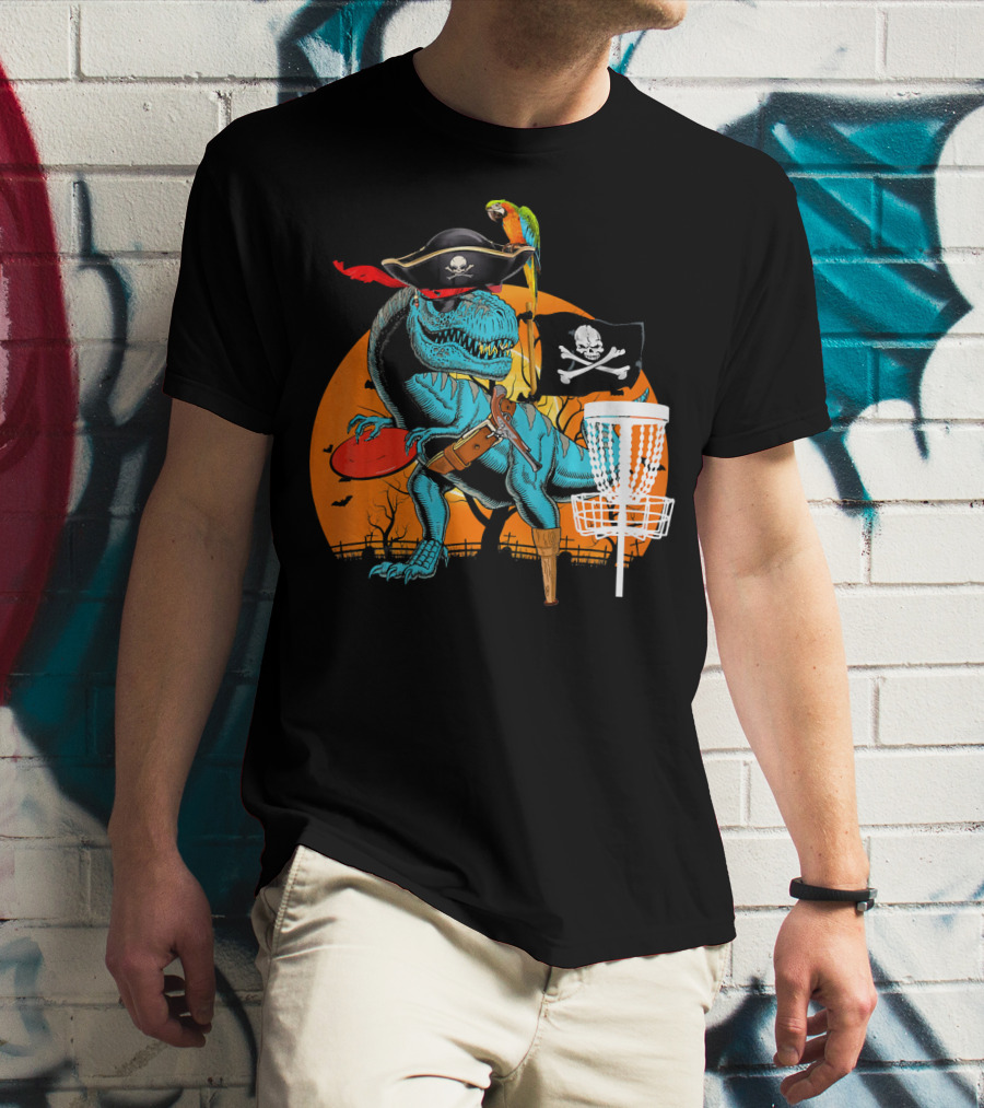 Jolly Roger Pirate Dinosaur Disc Golf Adventure T-Shirt