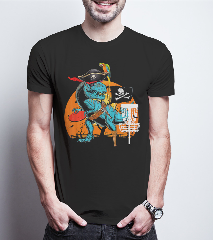 Jolly Roger Pirate Dinosaur Disc Golf Adventure T-Shirt