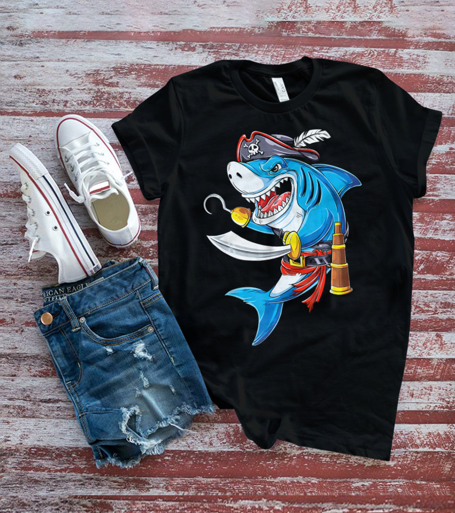 Shark Pirate Costume Jolly Roger Flag With Hook And Sword T-Shirt