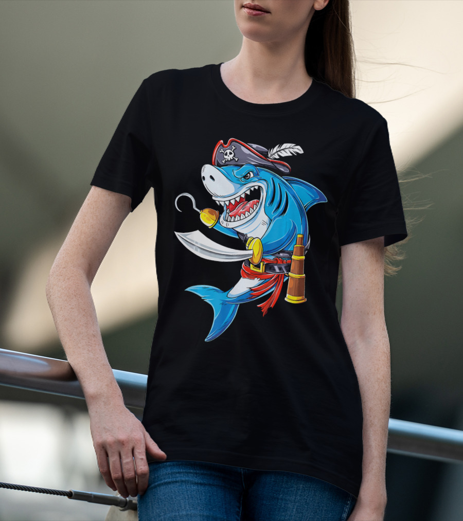 Shark Pirate Costume Jolly Roger Flag With Hook And Sword T-Shirt
