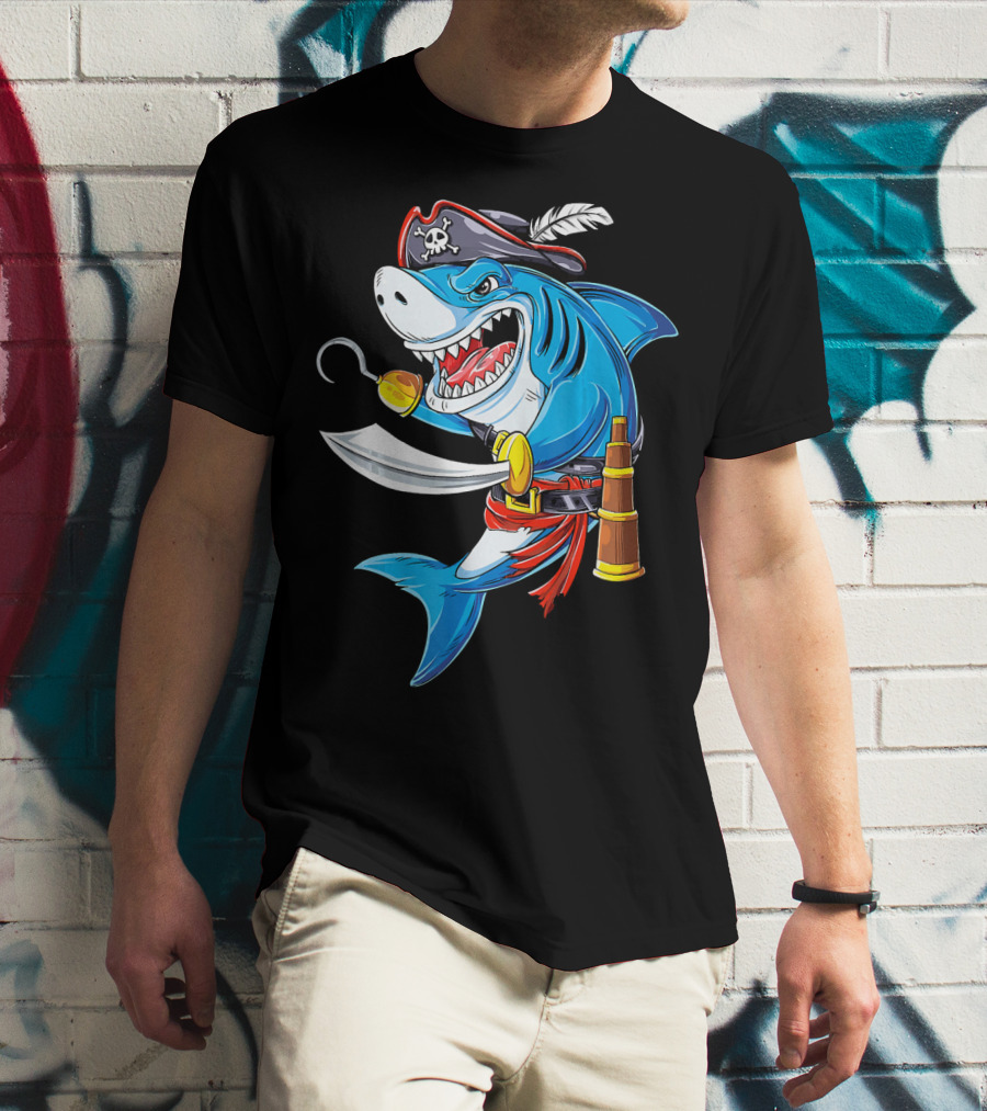 Shark Pirate Costume Jolly Roger Flag With Hook And Sword T-Shirt