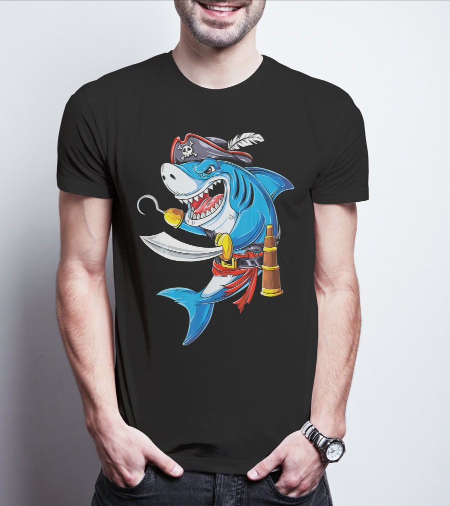Shark Pirate Costume Jolly Roger Flag With Hook And Sword T-Shirt