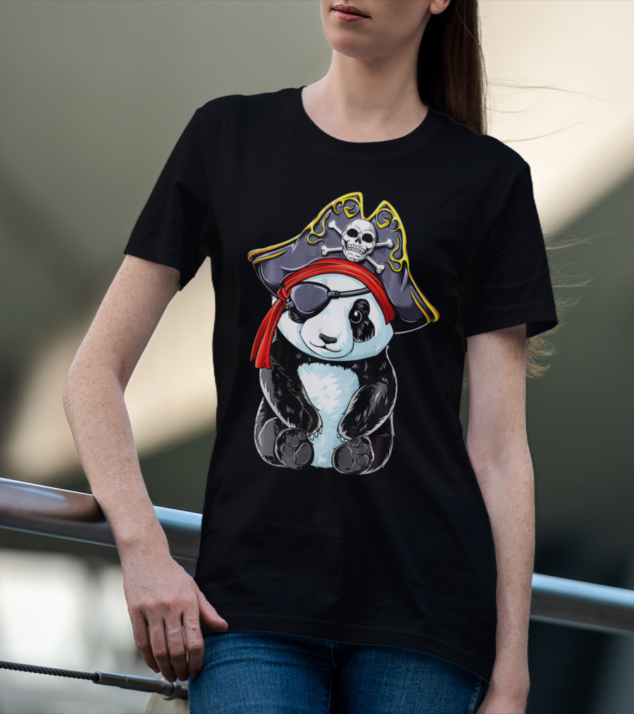 Panda Pirate Jolly Roger Skull Crossbones Eyepatch Bandana Hat T-Shirt