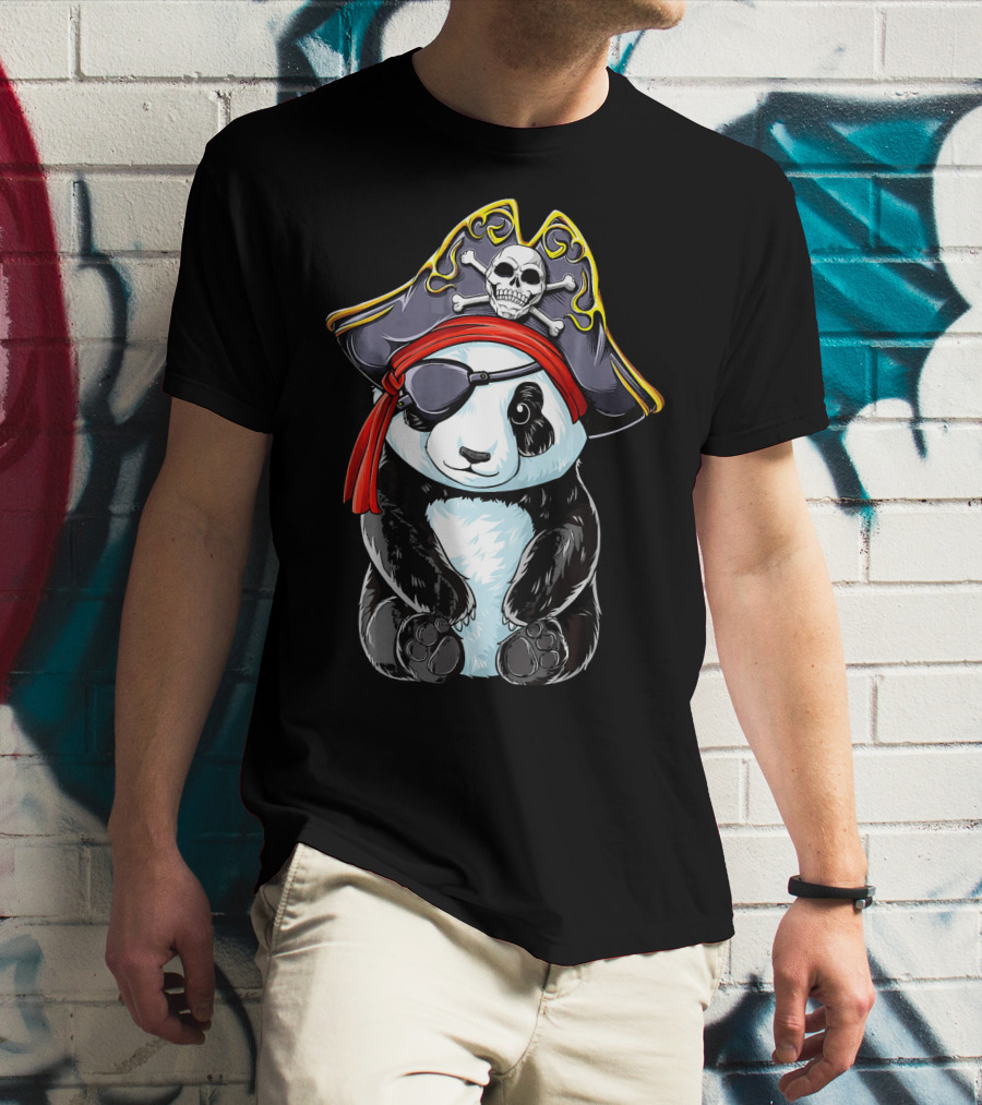 Panda Pirate Jolly Roger Skull Crossbones Eyepatch Bandana Hat T-Shirt