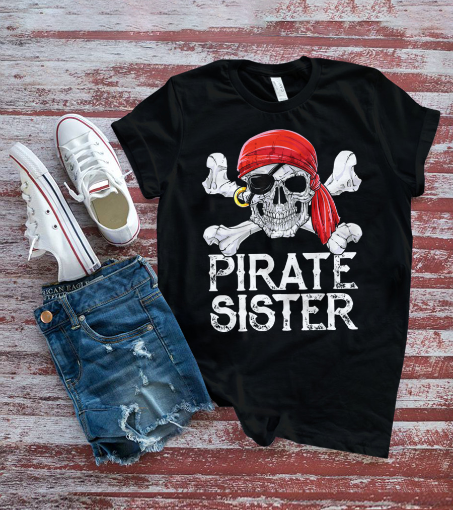 Pirate Sister Skull With Red Bandana And Crossbones T-Shirt