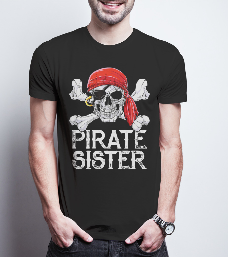 Pirate Sister Skull With Red Bandana And Crossbones T-Shirt