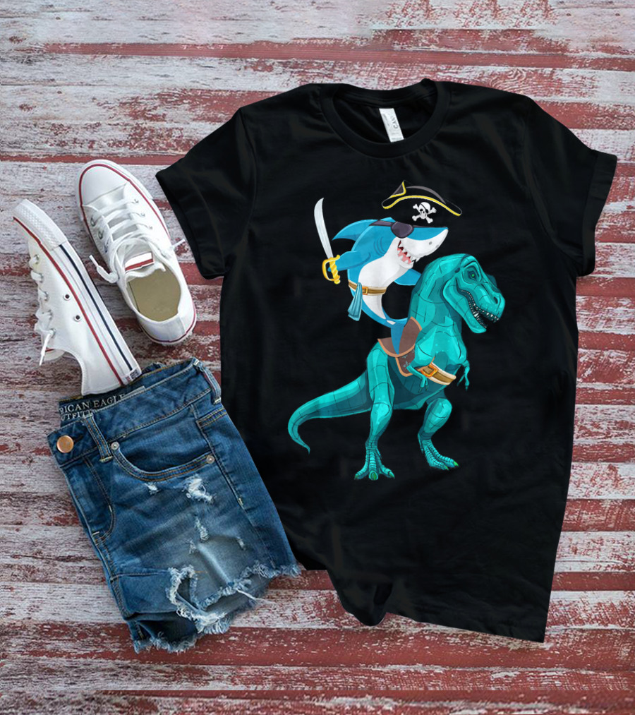 Shark Pirate On T-Rex For Kids Boys Sons T-Shirt