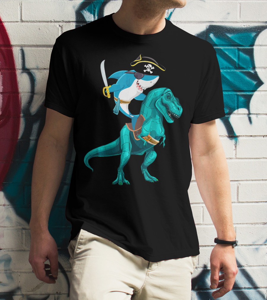 Shark Pirate On T-Rex For Kids Boys Sons T-Shirt