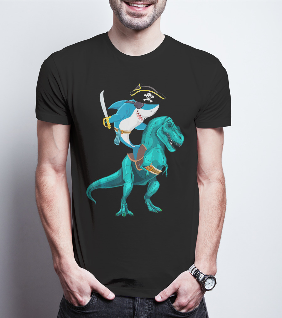 Shark Pirate On T-Rex For Kids Boys Sons T-Shirt