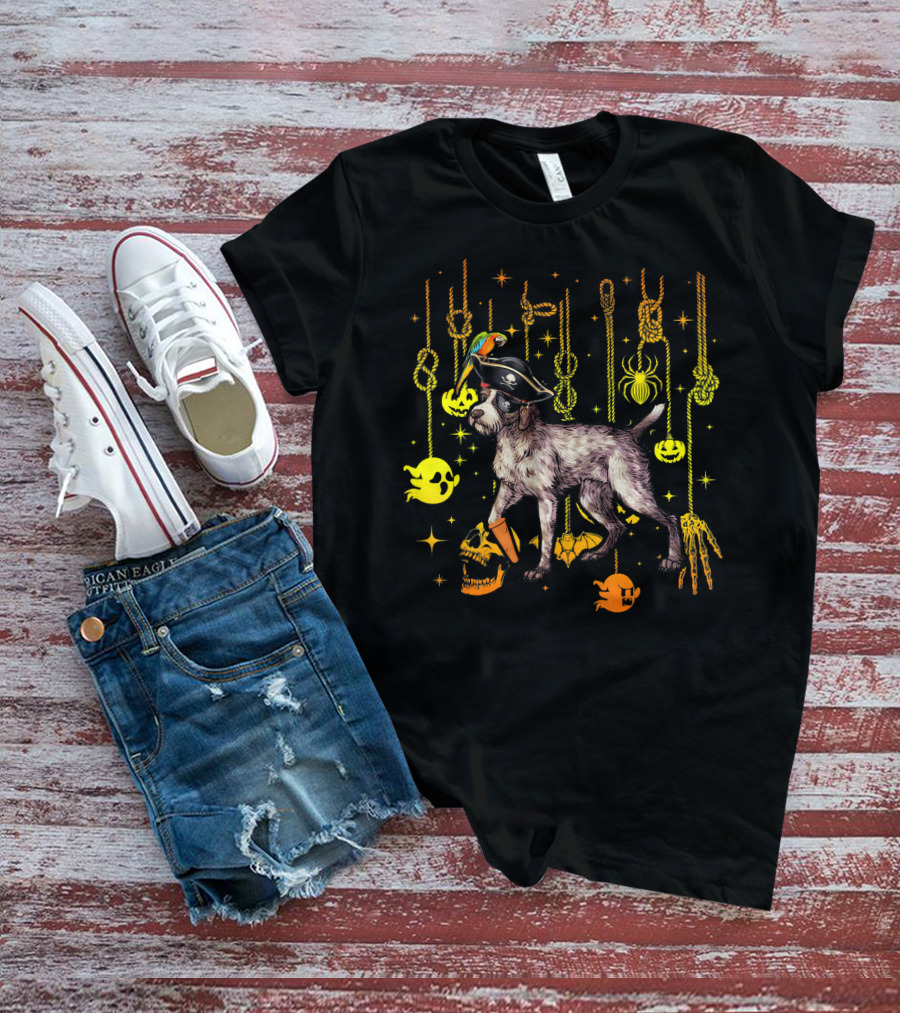 German Wirehaired Pointer Pirate Halloween Ghosts And Skulls T-Shirt