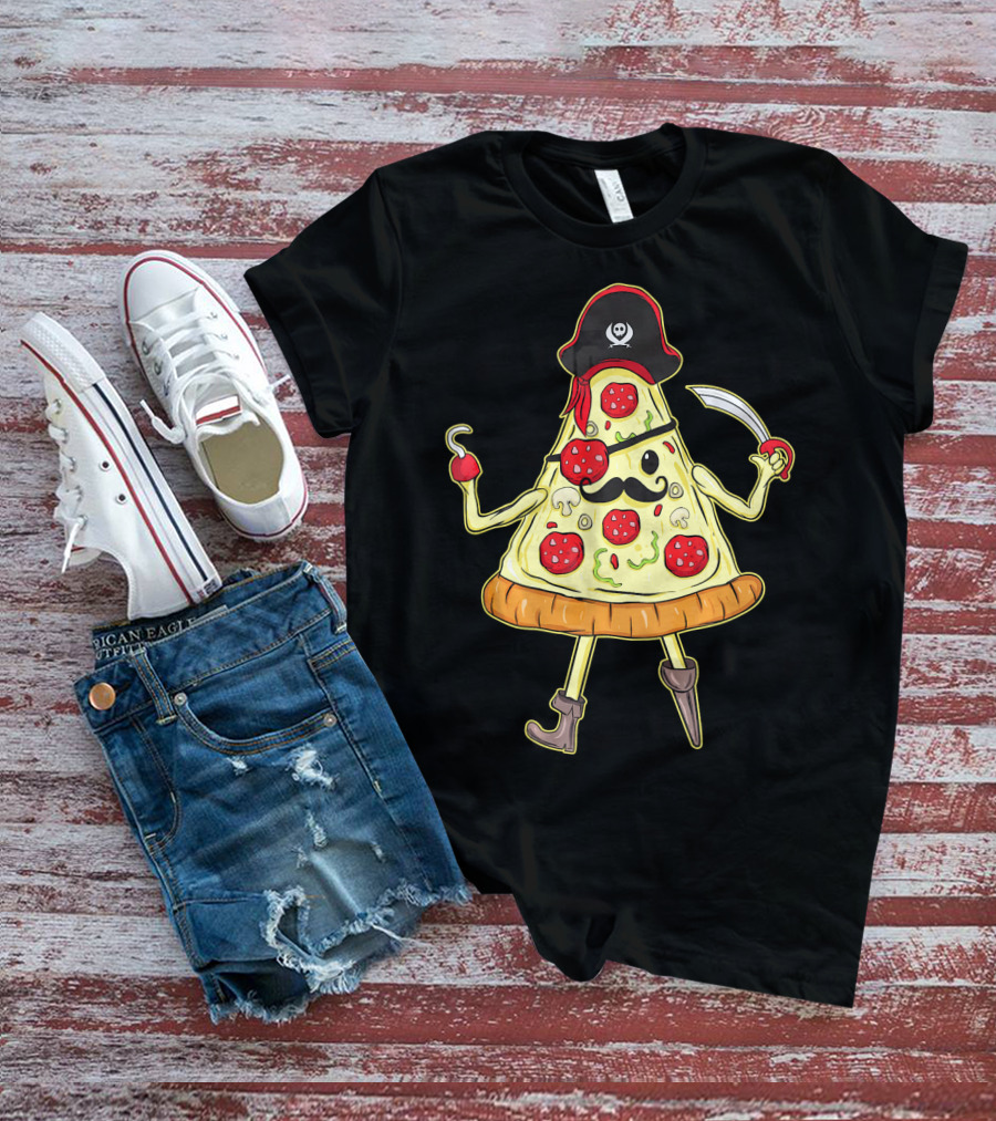 Funny Mustache Pirate Pizza Slice With Hook And Sword T-Shirt