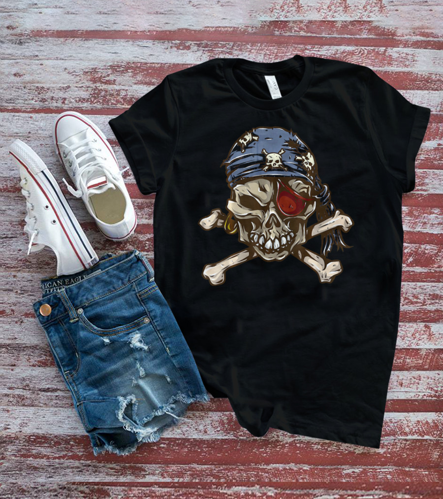 Jolly Roger Skull With Eye Patch And Crossbones Bandana T-Shirt