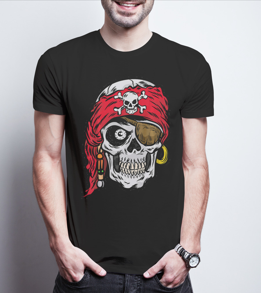 Pirate Skull With Red Bandana And Crossbones Eye Patch Jolly Roger T-Shirt