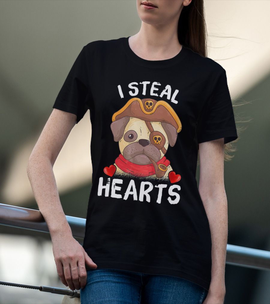 I Steal Hearts Valentines Day Pirate Pug With Pipe And Eyepatch T-Shirt