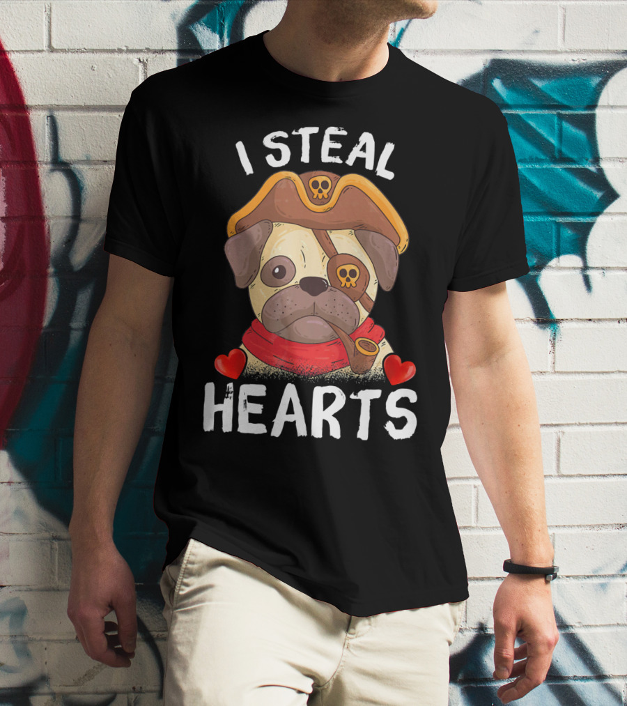 I Steal Hearts Valentines Day Pirate Pug With Pipe And Eyepatch T-Shirt