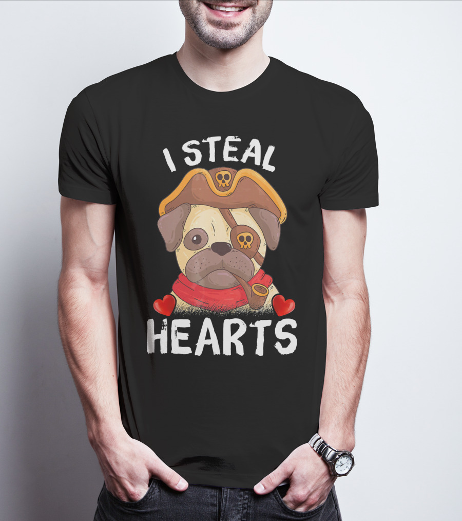 I Steal Hearts Valentines Day Pirate Pug With Pipe And Eyepatch T-Shirt