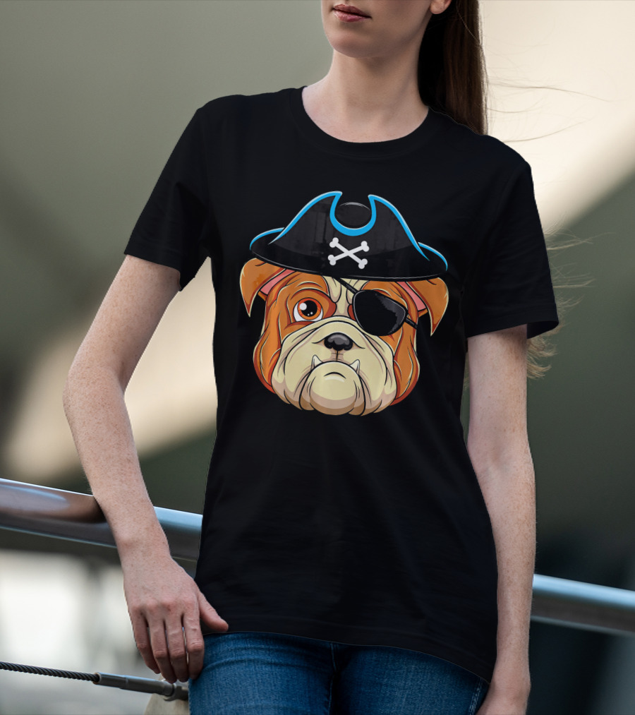 English Bulldog Pirate Hat Eye Patch Skull Crossbones T-Shirt