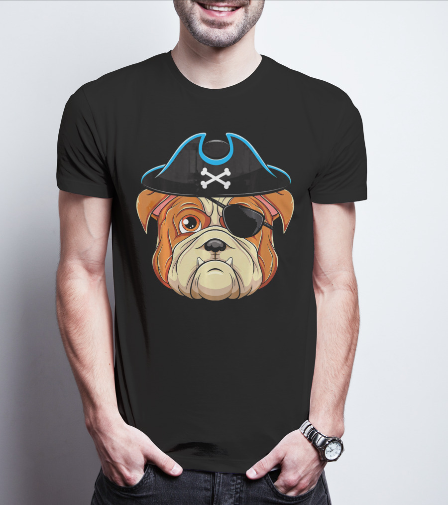 English Bulldog Pirate Hat Eye Patch Skull Crossbones T-Shirt