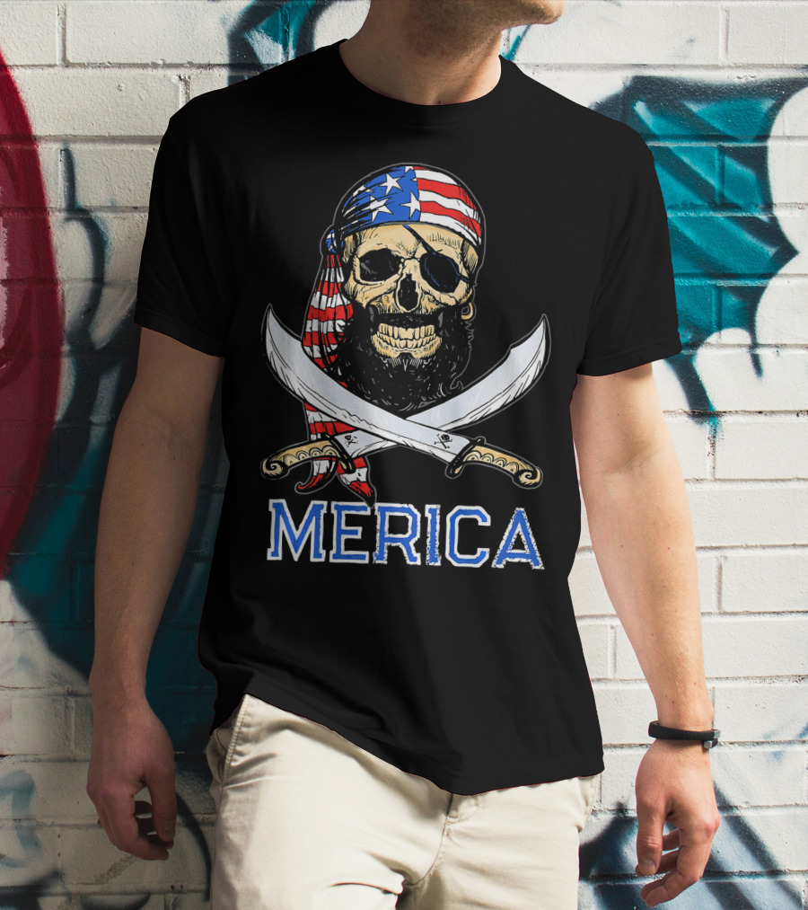 MERICA Bearded Pirate Skull With American Flag Bandana And Crossed Swords T-Shirt