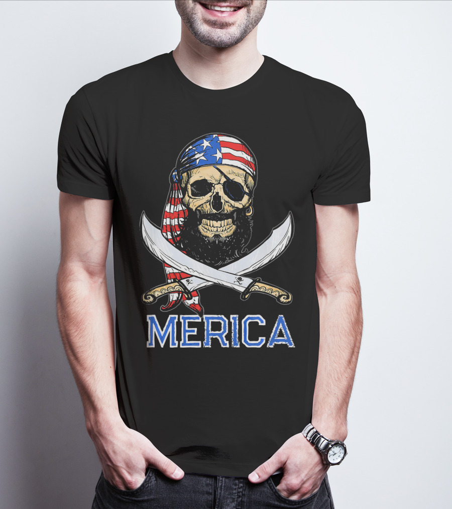 MERICA Bearded Pirate Skull With American Flag Bandana And Crossed Swords T-Shirt