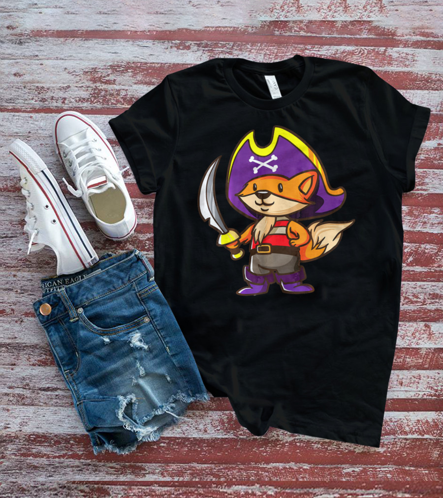 Pirate Fox Halloween Party Costume With Sword And Pirate Hat Featuring Crossbones T-Shirt