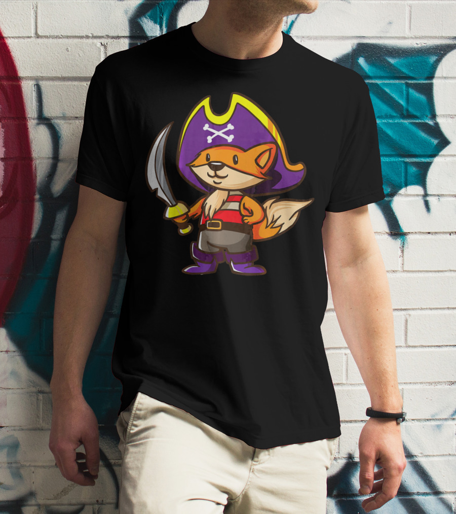 Pirate Fox Halloween Party Costume With Sword And Pirate Hat Featuring Crossbones T-Shirt