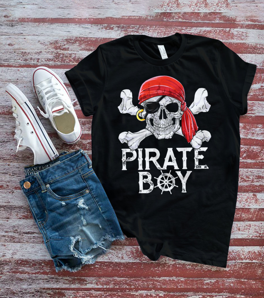 Pirate Boy Jolly Roger Skull With Red Bandana And Crossbones T-Shirt