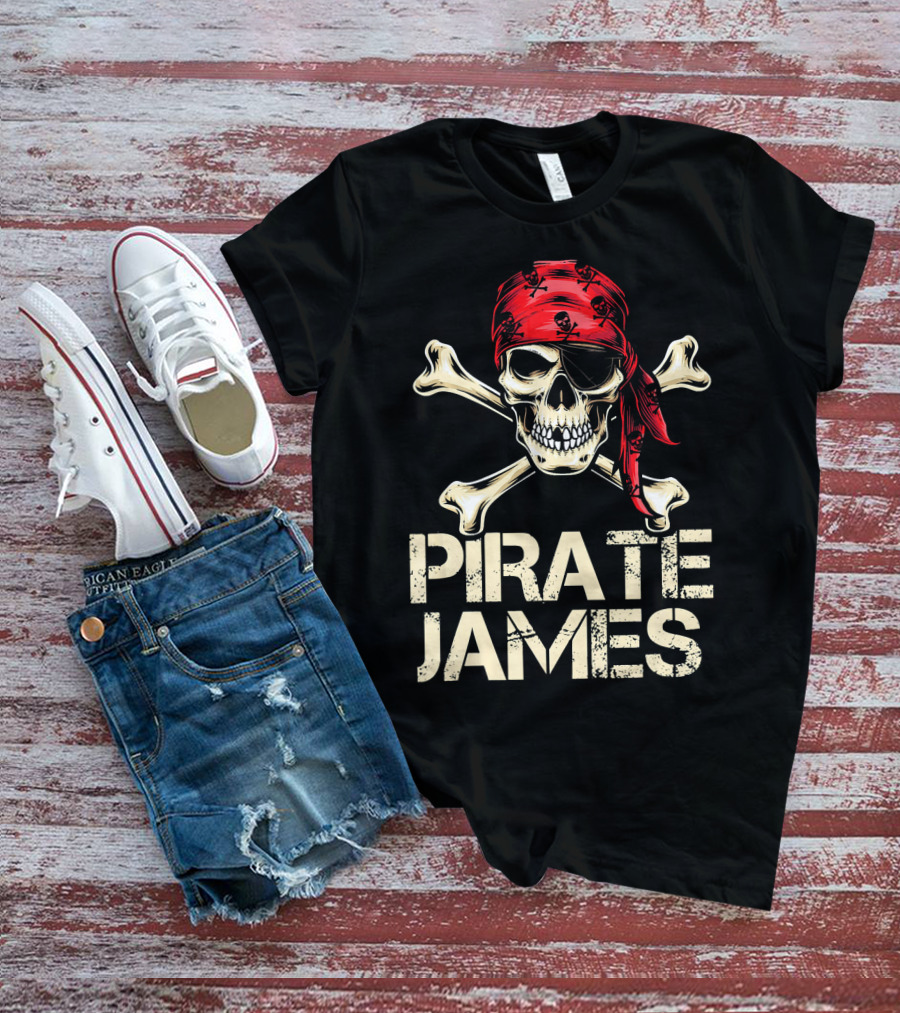 PIRATE JAMES Skull Crossbones Red Bandana Birthday T-Shirt
