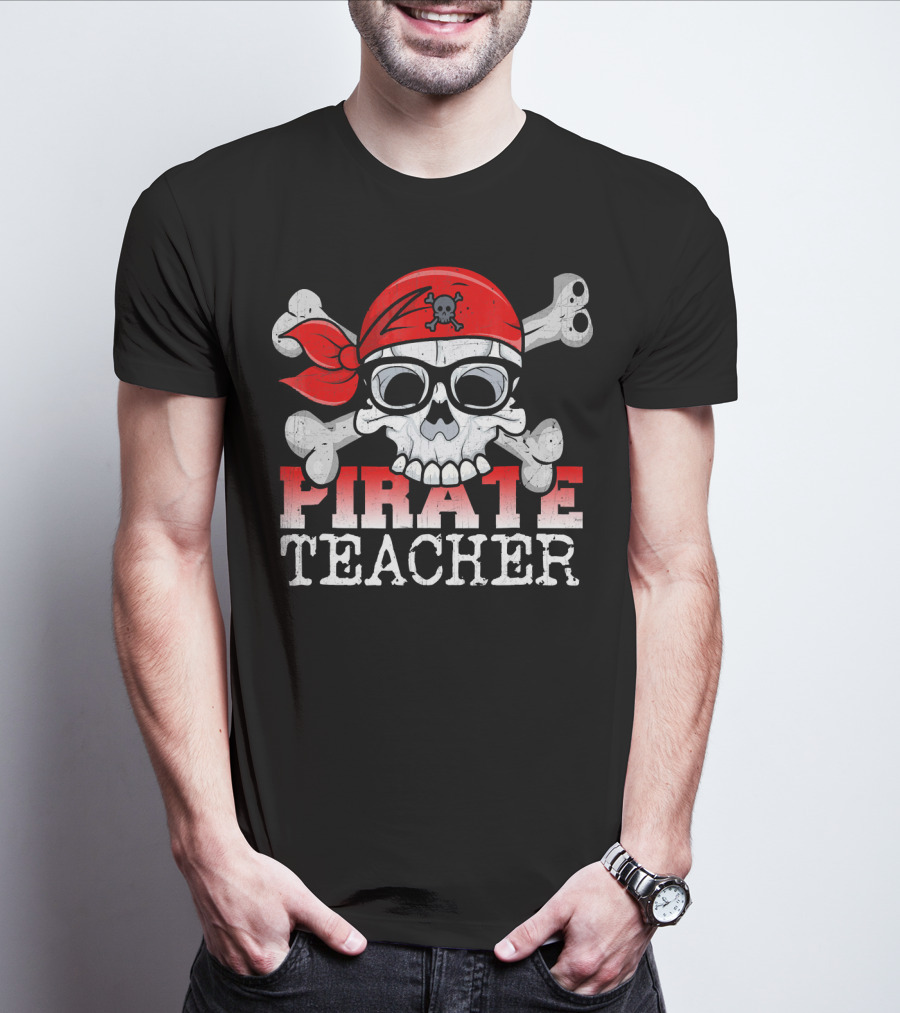 Pirate Skull With Bandana And Glasses Funny Teacher T-Shirt