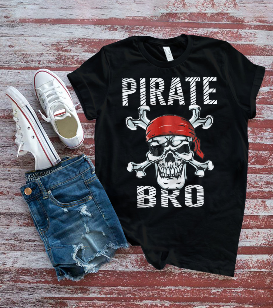 Pirate Bro Skull With Crossbones And Red Bandana T-Shirt