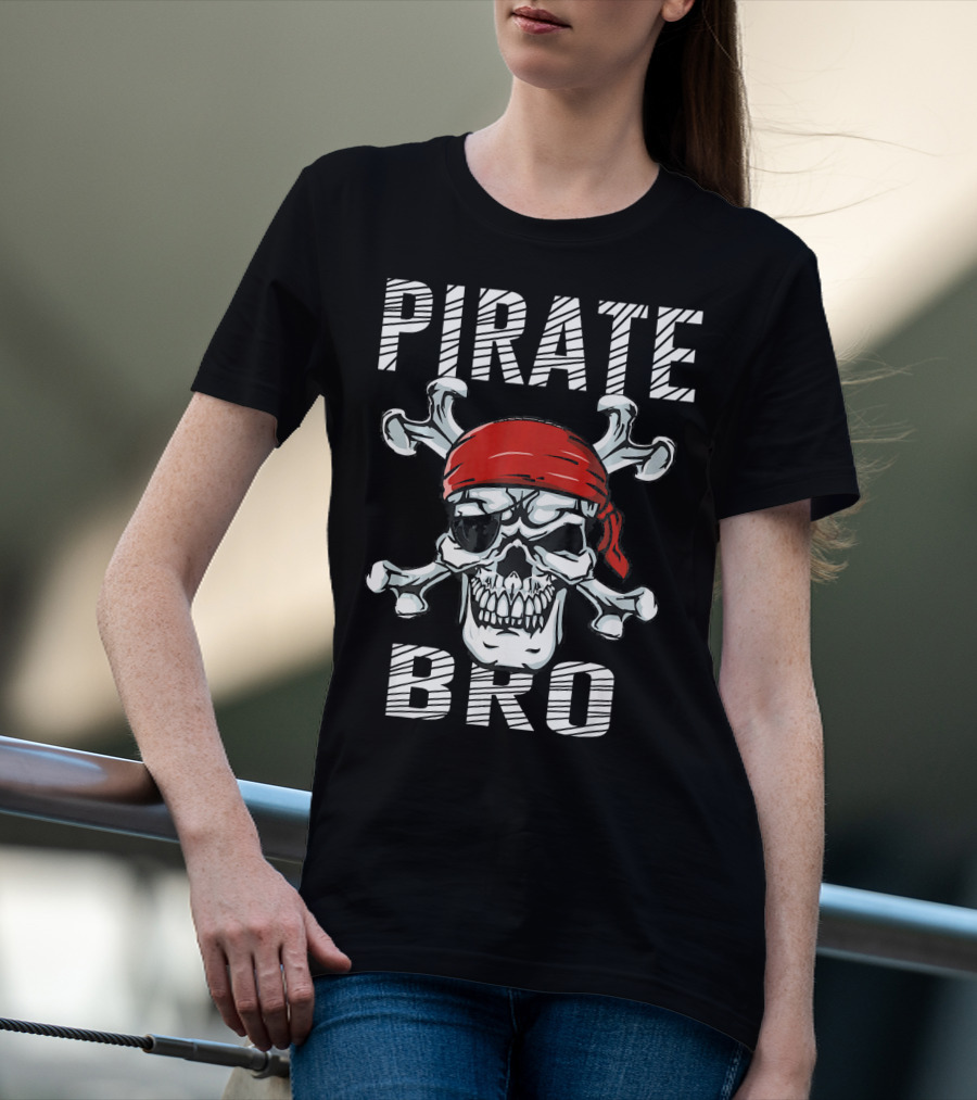 Pirate Bro Skull With Crossbones And Red Bandana T-Shirt