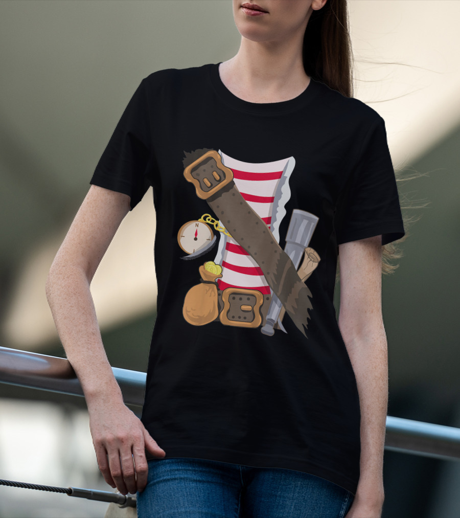 Kids Pirate Buccaneer Striped Shirt With Compass And Treasure Elements T-Shirt