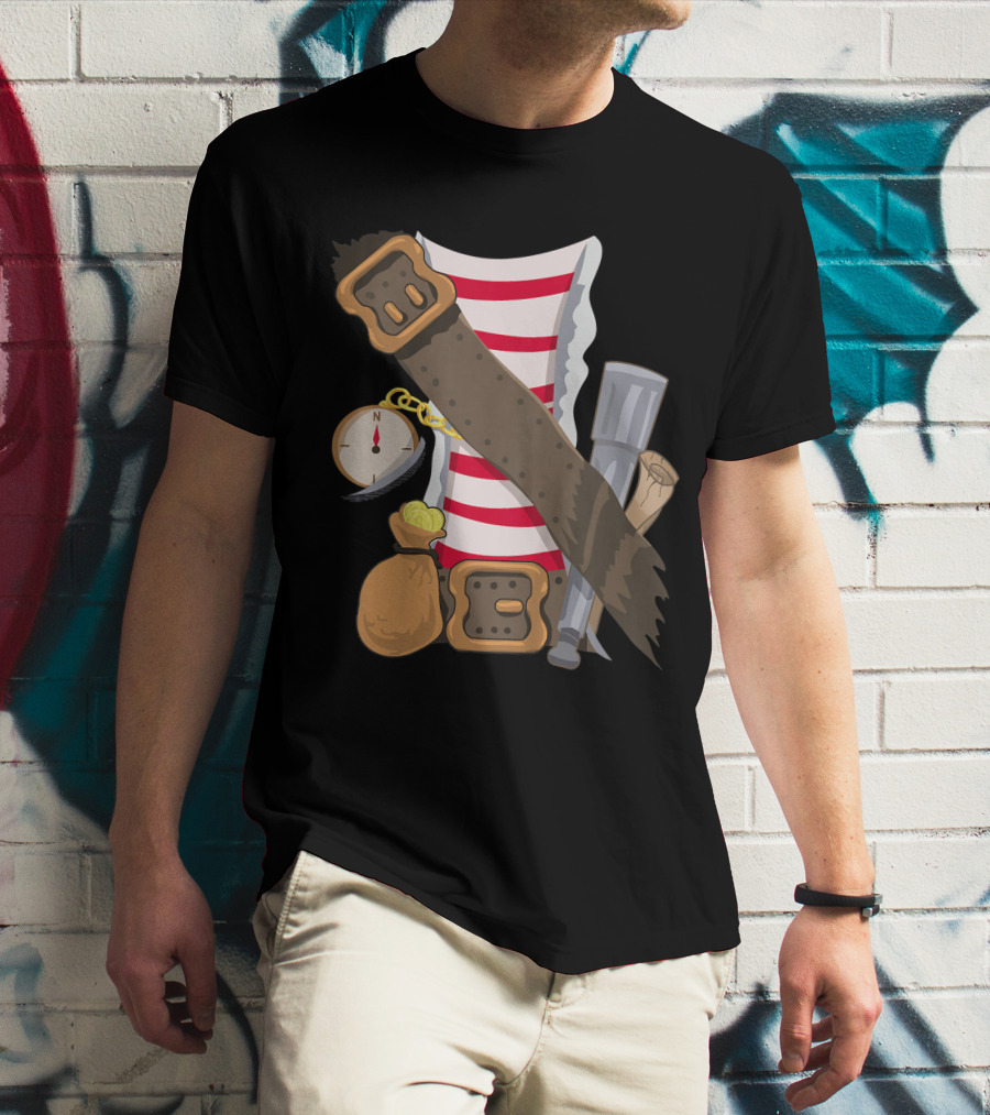 Kids Pirate Buccaneer Striped Shirt With Compass And Treasure Elements T-Shirt
