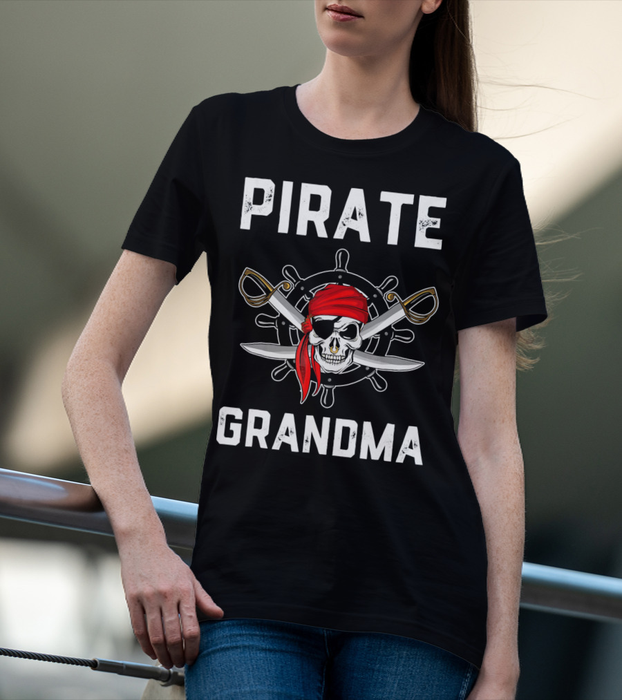 Pirate Grandma Skull With Red Bandana And Crossed Swords T-Shirt
