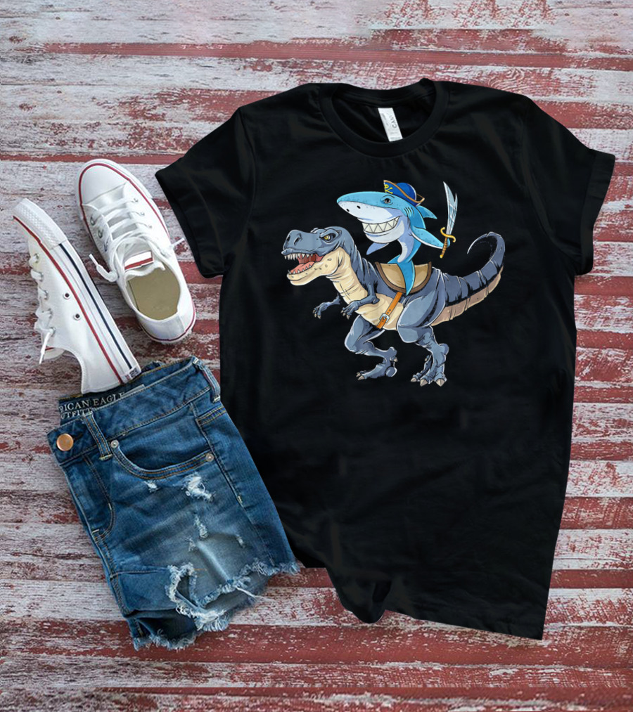 Shark Riding Dinosaur Rex Pirate With Sword T-Shirt