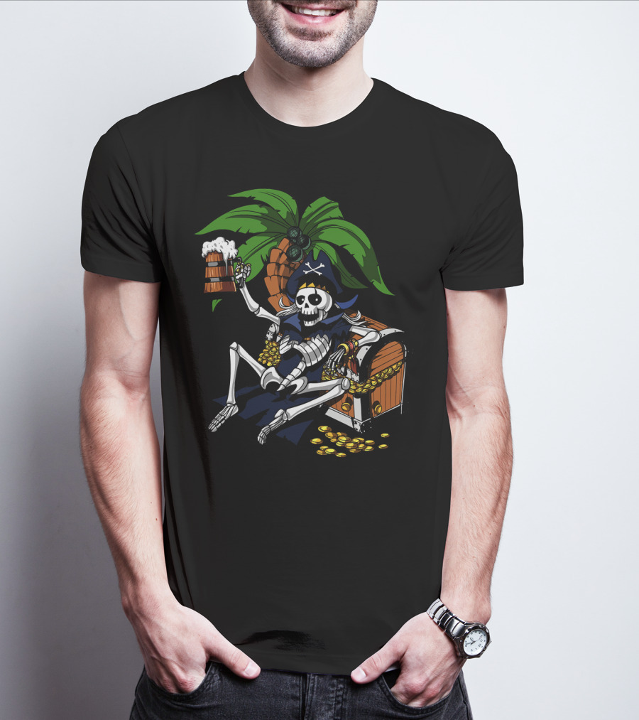 Skeleton Pirate Toasting With Treasure Chest Palm Tree Scene T-Shirt