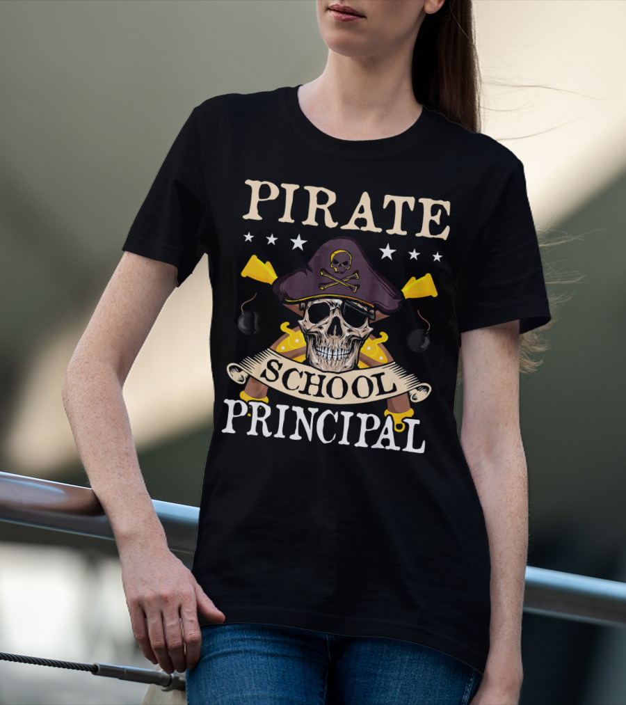 Pirate Skull Crossbones Hat School Principal Banner Swords Bombs T-Shirt