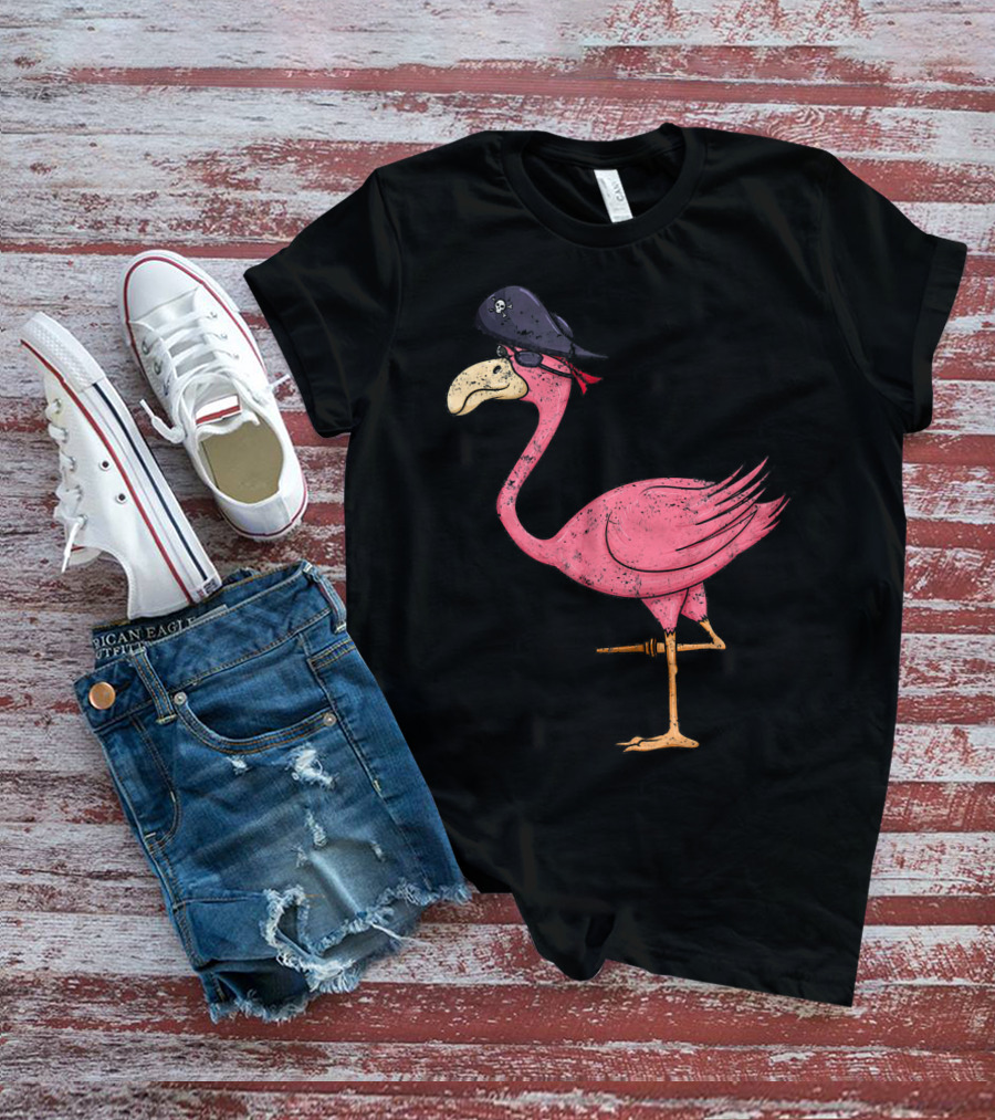 Vintage Pink Flamingo Pirate With Eyepatch And Skull Hat T-Shirt