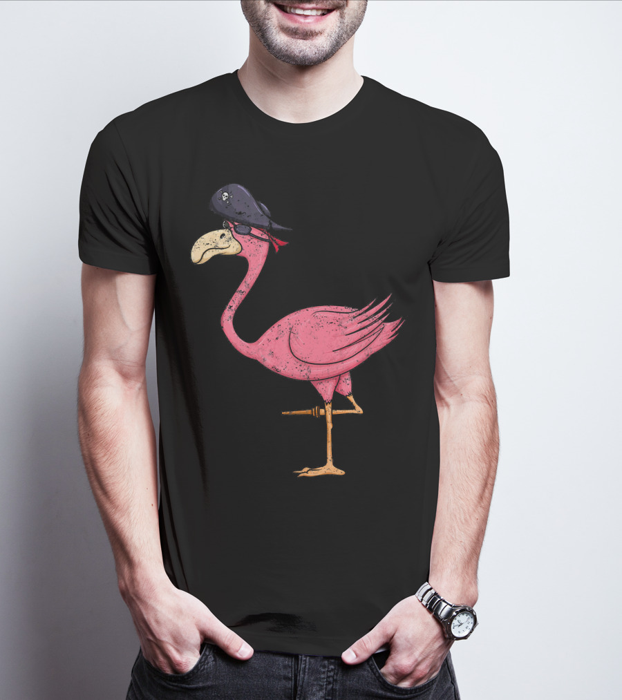 Vintage Pink Flamingo Pirate With Eyepatch And Skull Hat T-Shirt