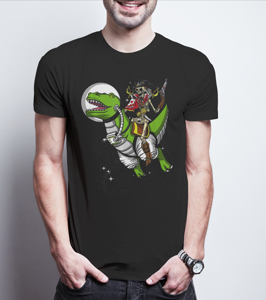 Skeleton Pirate Riding T-Rex Dinosaur With Spacesuit And Blaster T-Shirt