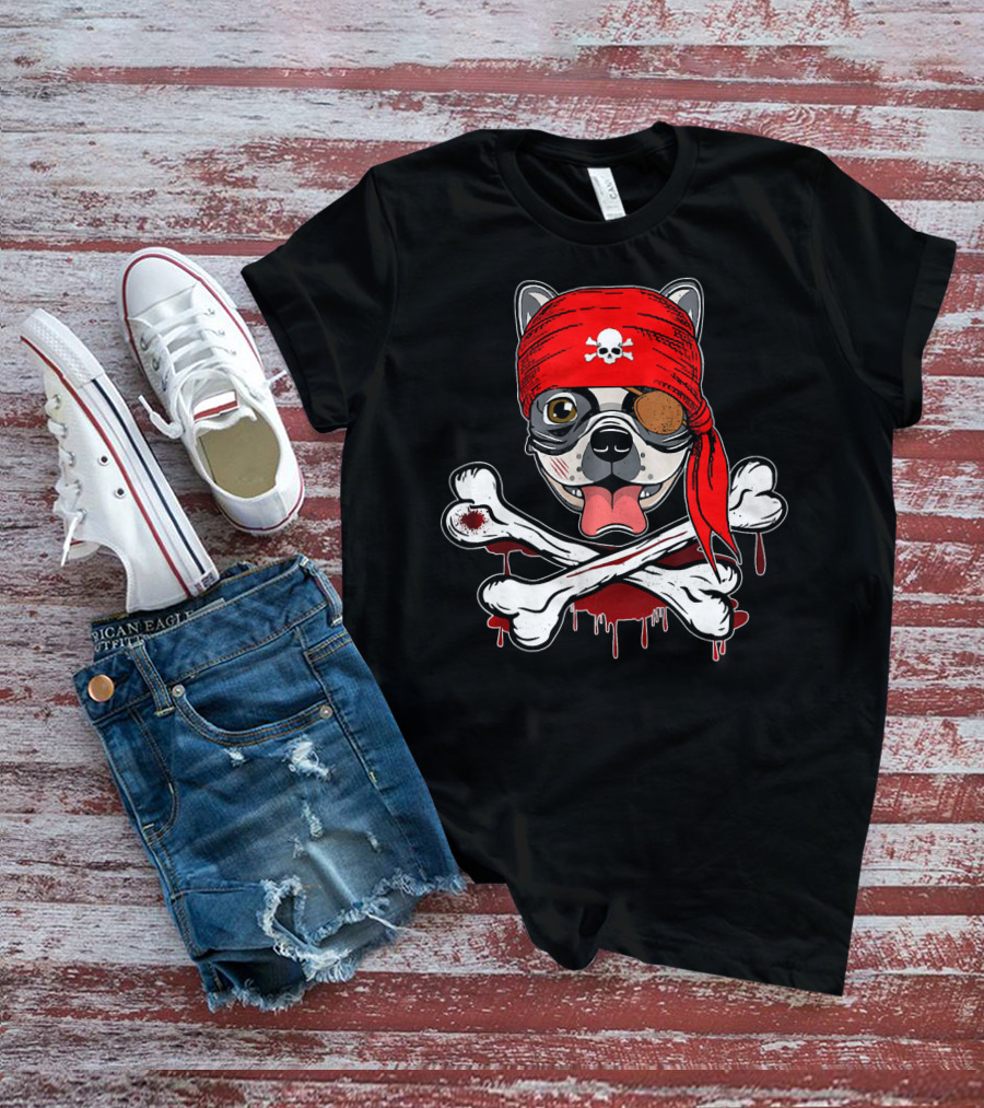 Funny Pirate French Bulldog With Skull Bandana And Crossbones T-Shirt