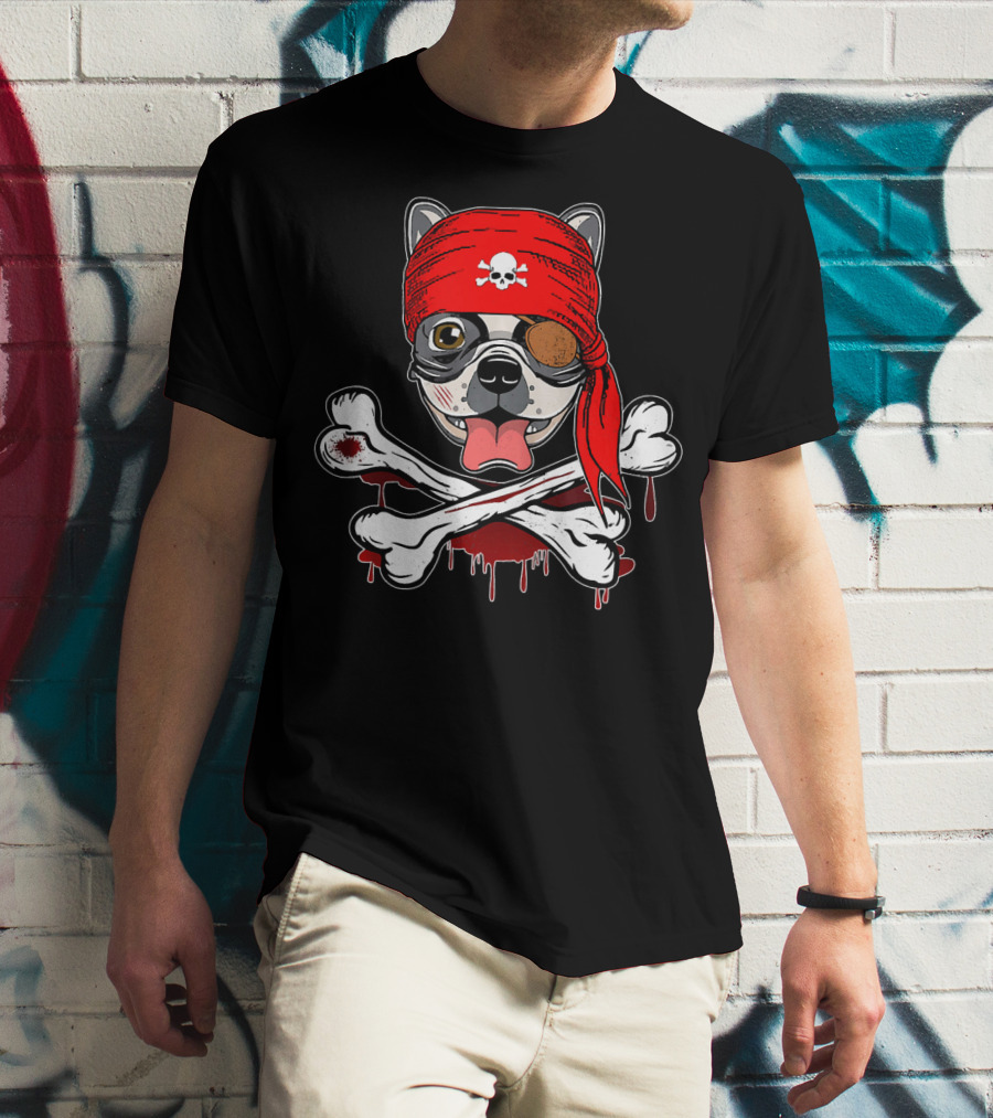 Funny Pirate French Bulldog With Skull Bandana And Crossbones T-Shirt